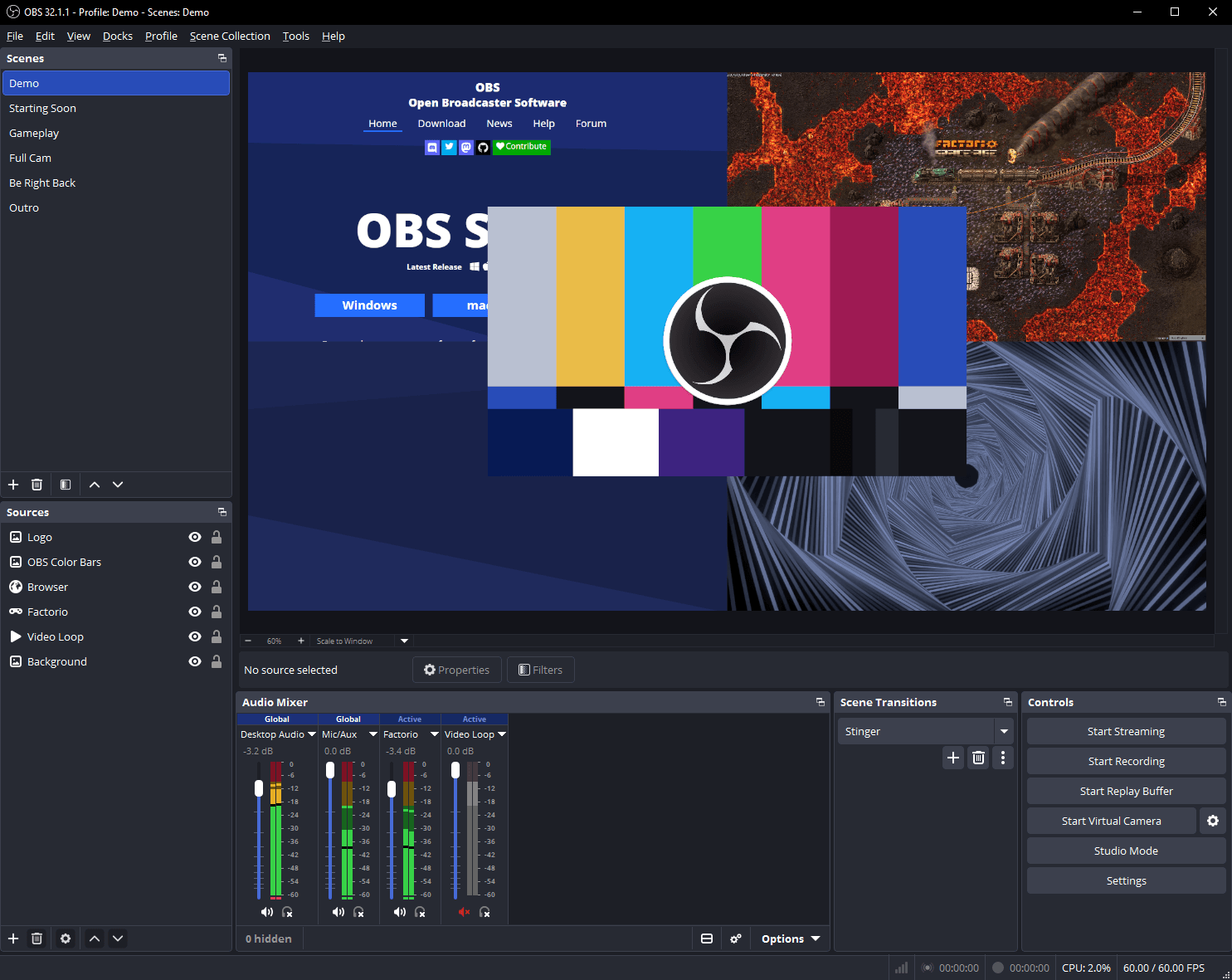 OBS Studio 32.2.2 主界面：场景、来源与混音器