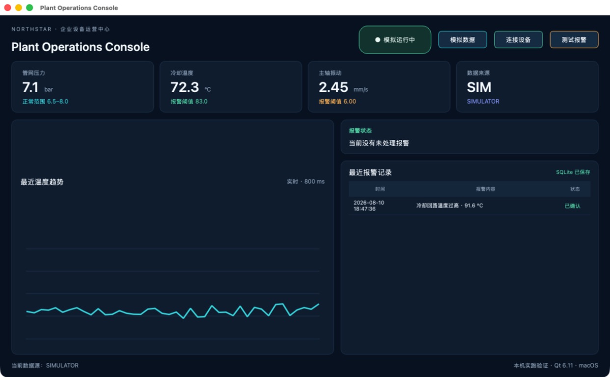 从 macOS 独立应用包启动的 Plant Operations Console，历史报警仍然存在