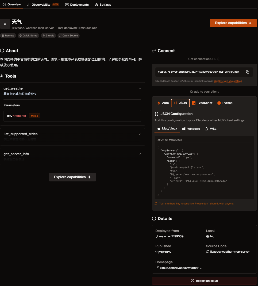 图 10.11 Smithery 发布成功的 MCP 工具